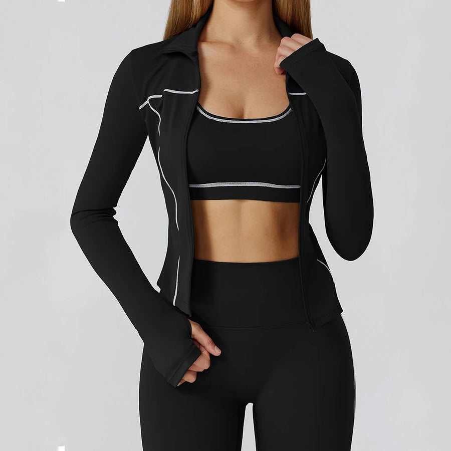 Women Zip Fitness Clothes Long Sleeve Sports Jacket Stand-up Collar Yoga Shirt Quick Dry Gym Top Outdoors Sunscreen Running Coat