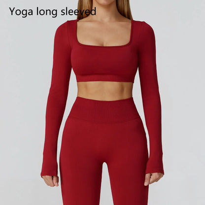 Women's Yoga Top Seamless Long Sleeved Sports Wear Workout Tops T-shirt Fitness Running Hollow out Backless Gym Woman SportShirt