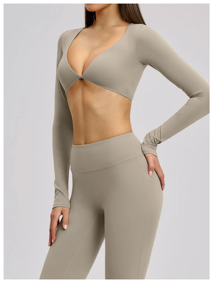 Women's Crop Tops Yoga T-shirts Solid Sports Top Long Sleeve Quick Dry Fitness Gym Sport Wear Running Shirts Sexy Exposed Navel