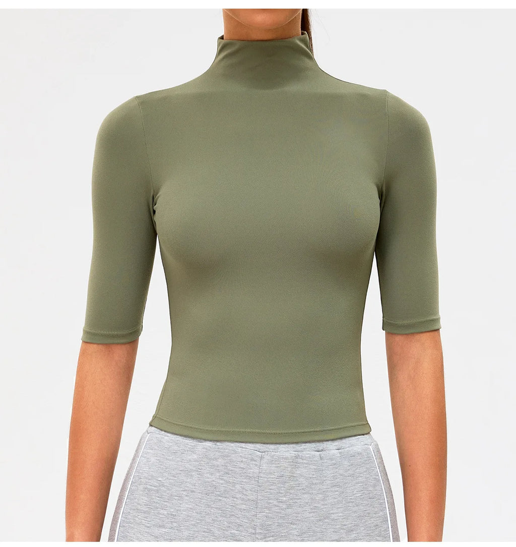2026 New Edition Women's Sports Running Sweat Absorbing Skinny Yoga Clothes Quick Drying Clothes Short High Neck Sleeved T-shirt