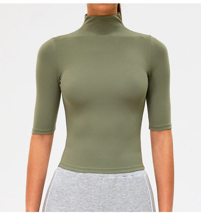 2026 New Edition Women's Sports Running Sweat Absorbing Skinny Yoga Clothes Quick Drying Clothes Short High Neck Sleeved T-shirt