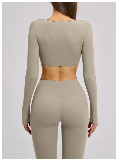 Women's Crop Tops Yoga T-shirts Solid Sports Top Long Sleeve Quick Dry Fitness Gym Sport Wear Running Shirts Sexy Exposed Navel