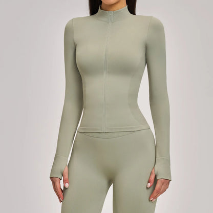 Women Zipper Yoga Long Sleeve Seamless Crop Tops Female Gym Jacket Yoga T-shirts Solid Sports Top Running Workout Athletic Wear