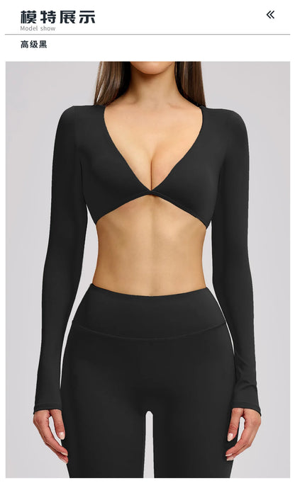 Women's Crop Tops Yoga T-shirts Solid Sports Top Long Sleeve Quick Dry Fitness Gym Sport Wear Running Shirts Sexy Exposed Navel