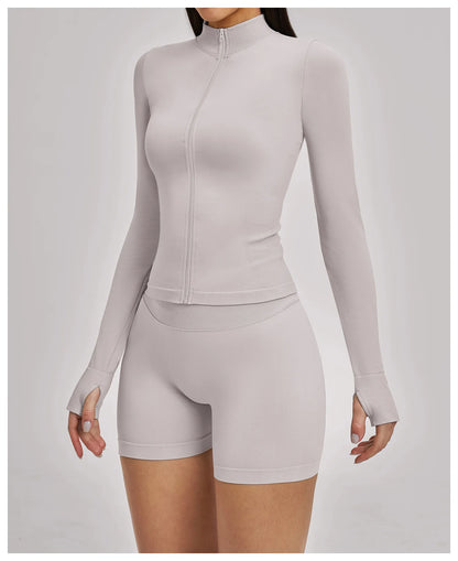 Women Zipper Yoga Long Sleeve Seamless Crop Tops Female Gym Jacket Yoga T-shirts Solid Sports Top Running Workout Athletic Wear