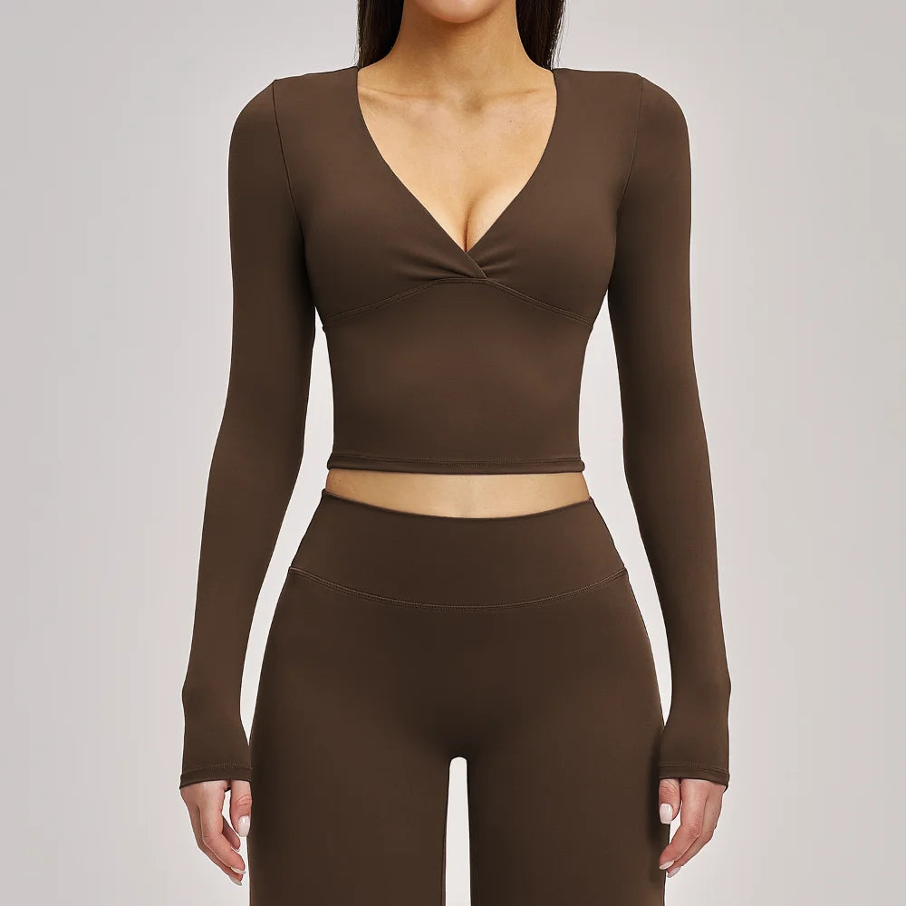 Women's Yoga T-Shirt Deep V Long Sleeve Sports Tops Gym Workout Shirts Breathable Fitness Yoga Top Female Running Push Up Shirts