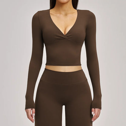 Women's Yoga T-Shirt Deep V Long Sleeve Sports Tops Gym Workout Shirts Breathable Fitness Yoga Top Female Running Push Up Shirts