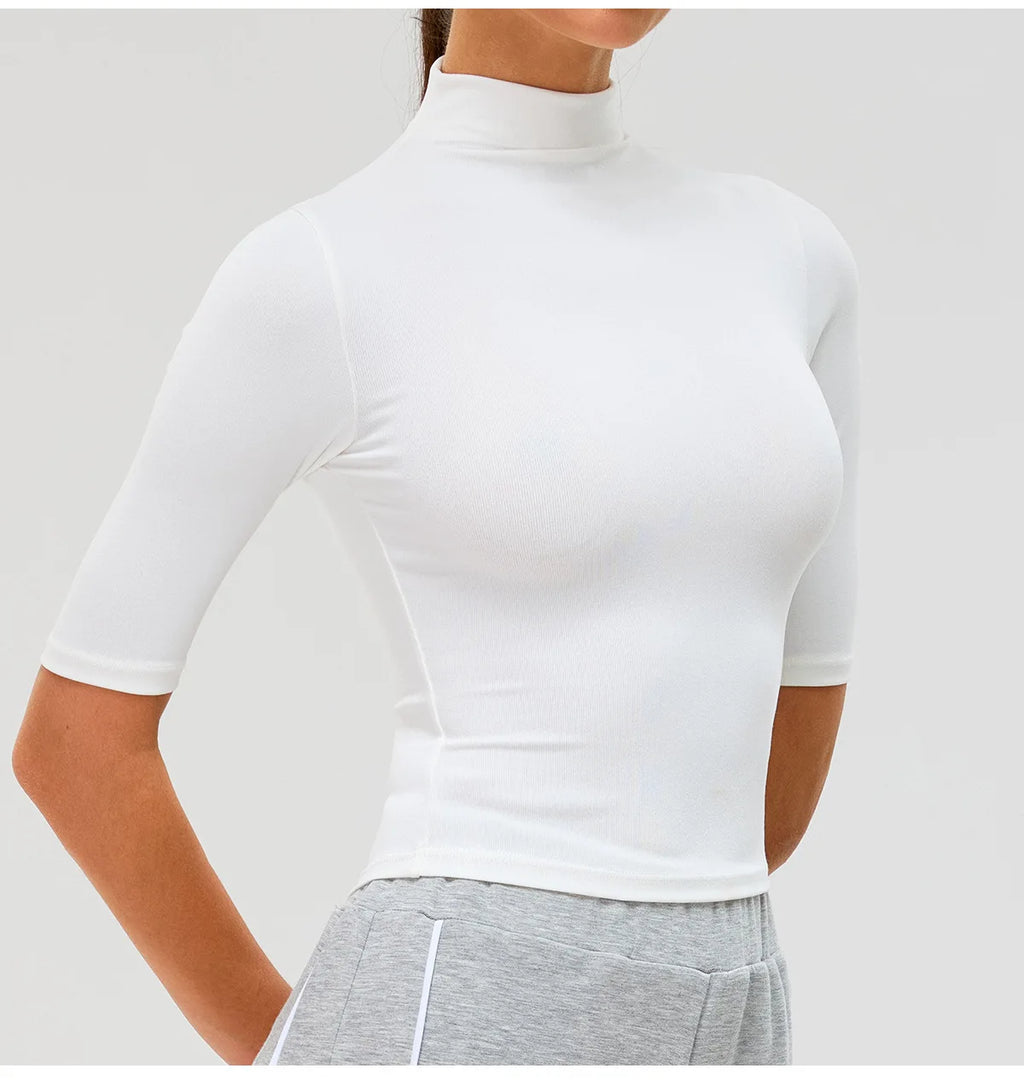 2026 New Edition Women's Sports Running Sweat Absorbing Skinny Yoga Clothes Quick Drying Clothes Short High Neck Sleeved T-shirt