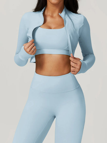 Zipper Cardigan Stand Up Collar Jacket Outdoor Sports Long Sleeved Women Slim Yoga Clothes Quick Dry Running Fitness Jacket Top