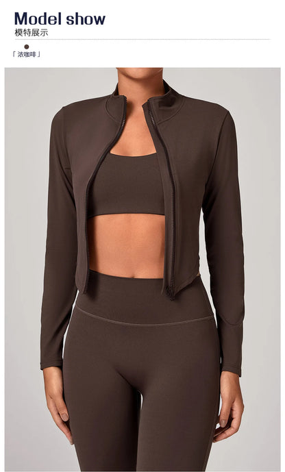 Sportswear Woman Gym Long Sleeved Women Slim Yoga Clothe Running Fitness Quick Dry Zipper Cardigan Stand Up Collar Sports Jacket