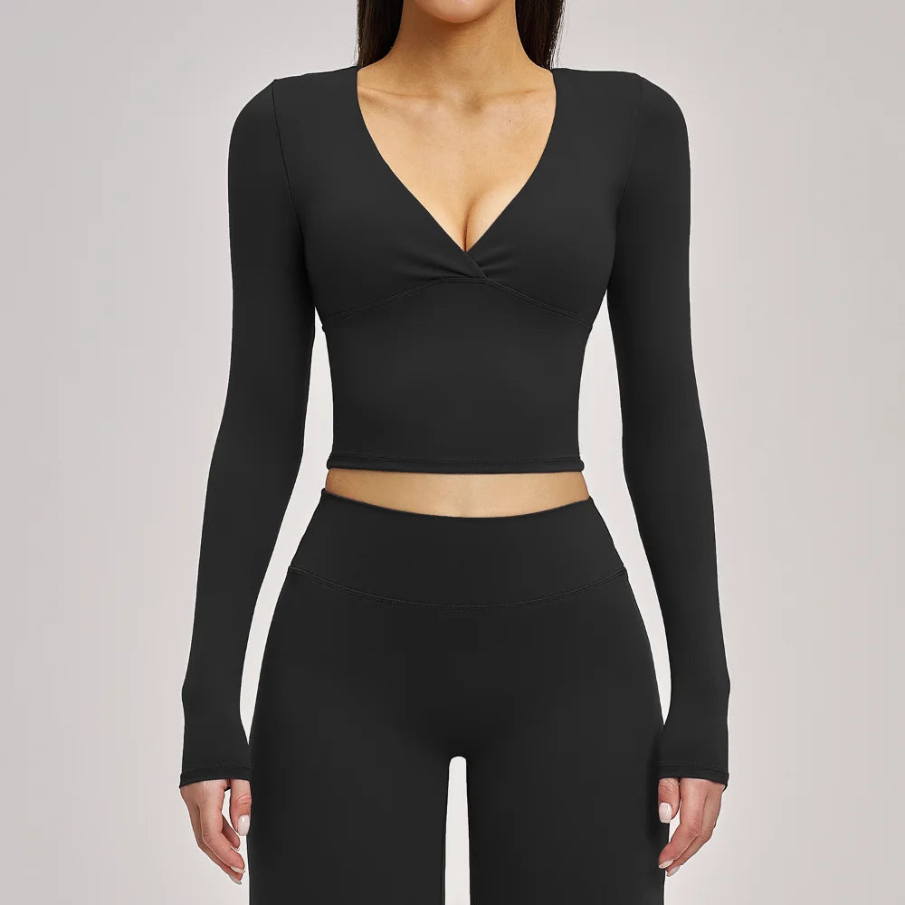 Women's Yoga T-Shirt Deep V Long Sleeve Sports Tops Gym Workout Shirts Breathable Fitness Yoga Top Female Running Push Up Shirts