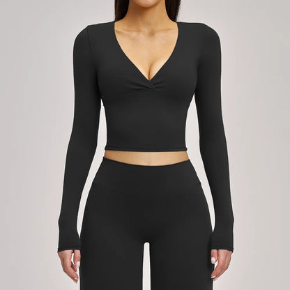 Women's Yoga T-Shirt Deep V Long Sleeve Sports Tops Gym Workout Shirts Breathable Fitness Yoga Top Female Running Push Up Shirts