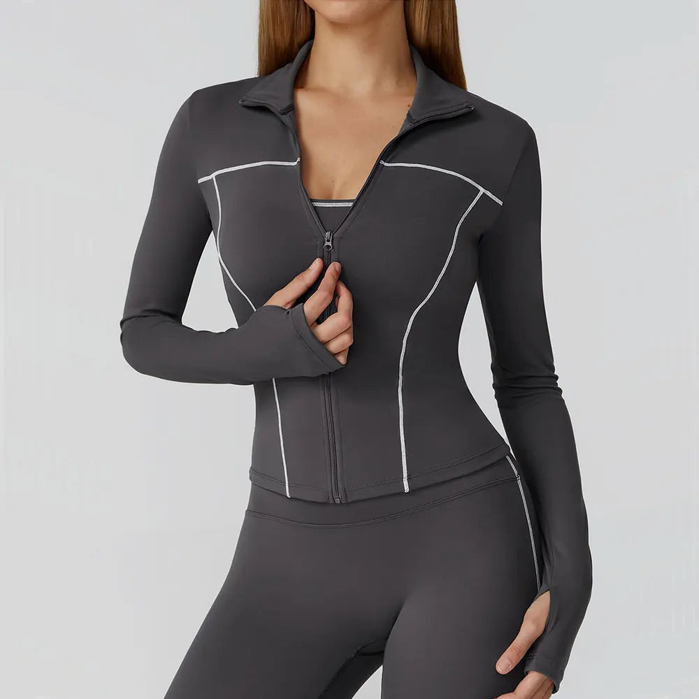 Women Zip Fitness Clothes Long Sleeve Sports Jacket Stand-up Collar Yoga Shirt Quick Dry Gym Top Outdoors Sunscreen Running Coat