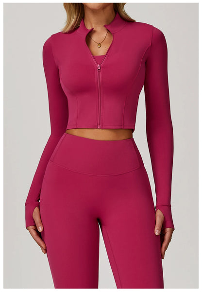 Zipper Cardigan Stand Up Collar Jacket Outdoor Sports Long Sleeved Women Slim Yoga Clothes Quick Dry Running Fitness Jacket Top