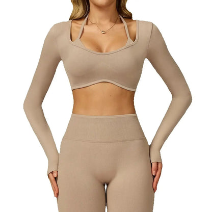Seamless Yoga Shirts For Women Ribbed Long Sleeve Gym Clothes Fitness Running Workout Dry Fit Breathable High Elastic Sports Top