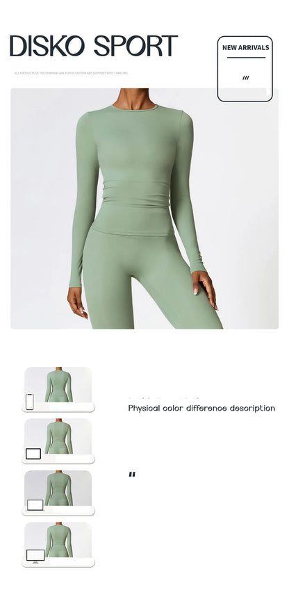 Women Yoga T-shirts Solid Sports Top Long Sleeve Gym Workout Running Shirts Sexy Exposed Navel Quick Dry Fitness Gym Sport Wear