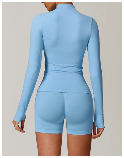 Women Zipper Yoga Long Sleeve Seamless Crop Tops Female Gym Jacket Yoga T-shirts Solid Sports Top Running Workout Athletic Wear