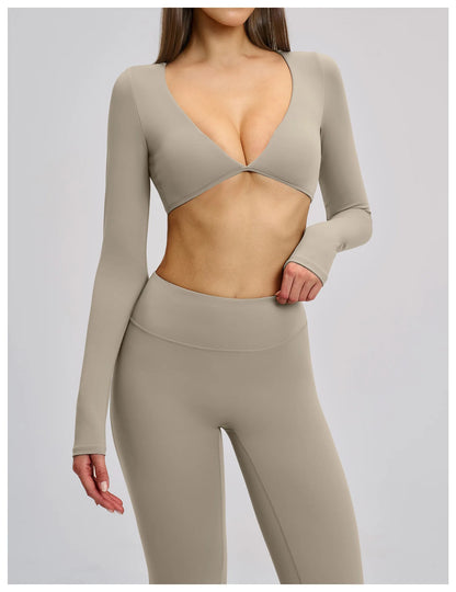 Women's Crop Tops Yoga T-shirts Solid Sports Top Long Sleeve Quick Dry Fitness Gym Sport Wear Running Shirts Sexy Exposed Navel