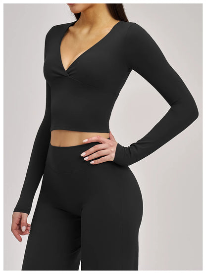 Women's Yoga T-Shirt Deep V Long Sleeve Sports Tops Gym Workout Shirts Breathable Fitness Yoga Top Female Running Push Up Shirts