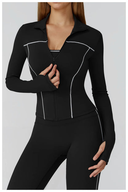 Women Zip Fitness Clothes Long Sleeve Sports Jacket Stand-up Collar Yoga Shirt Quick Dry Gym Top Outdoors Sunscreen Running Coat