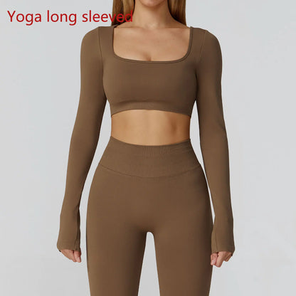 Women's Yoga Top Seamless Long Sleeved Sports Wear Workout Tops T-shirt Fitness Running Hollow out Backless Gym Woman SportShirt