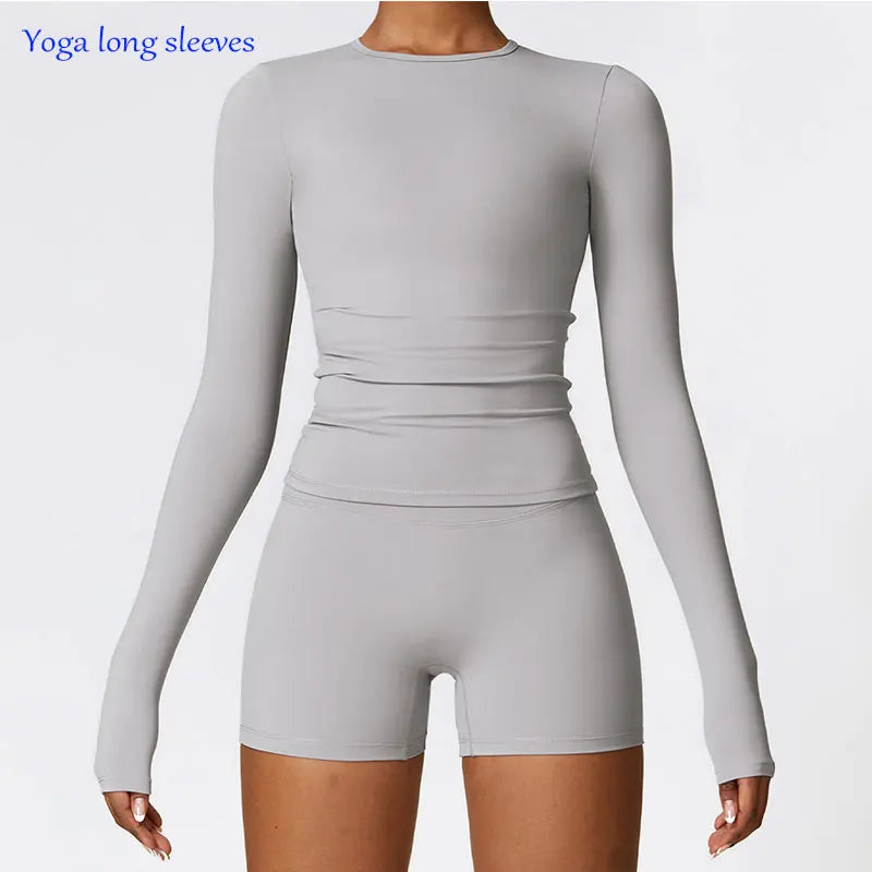 Women Yoga T-shirts Solid Sports Top Long Sleeve Gym Workout Running Shirts Sexy Exposed Navel Quick Dry Fitness Gym Sport Wear