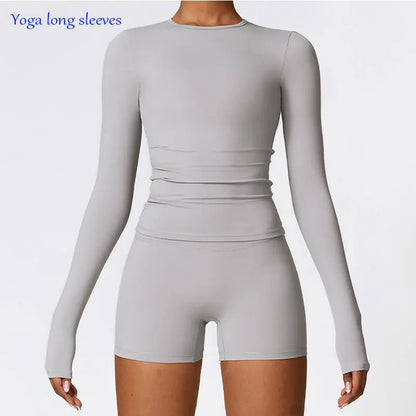 Women Yoga T-shirts Solid Sports Top Long Sleeve Gym Workout Running Shirts Sexy Exposed Navel Quick Dry Fitness Gym Sport Wear