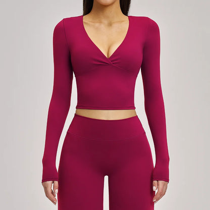 Women's Yoga T-Shirt Deep V Long Sleeve Sports Tops Gym Workout Shirts Breathable Fitness Yoga Top Female Running Push Up Shirts