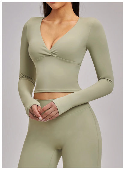 Women's Yoga T-Shirt Deep V Long Sleeve Sports Tops Gym Workout Shirts Breathable Fitness Yoga Top Female Running Push Up Shirts