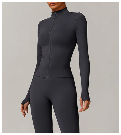 Women Zipper Yoga Long Sleeve Seamless Crop Tops Female Gym Jacket Yoga T-shirts Solid Sports Top Running Workout Athletic Wear