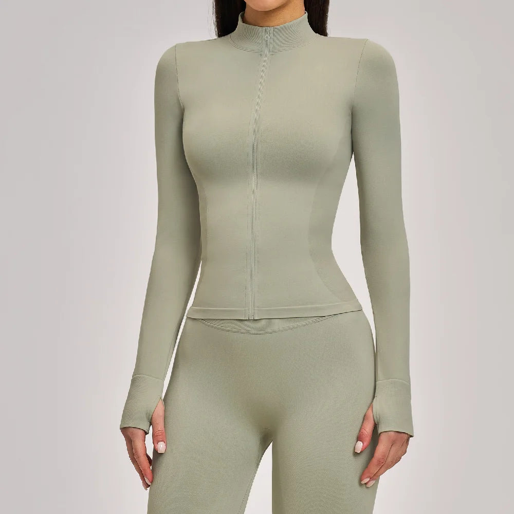 Women Zipper Yoga Long Sleeve Seamless Crop Tops Female Gym Jacket Yoga T-shirts Solid Sports Top Running Workout Athletic Wear