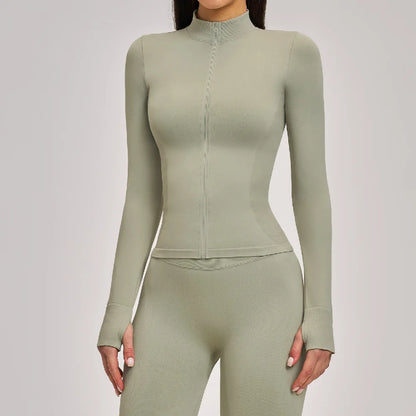 Women Zipper Yoga Long Sleeve Seamless Crop Tops Female Gym Jacket Yoga T-shirts Solid Sports Top Running Workout Athletic Wear