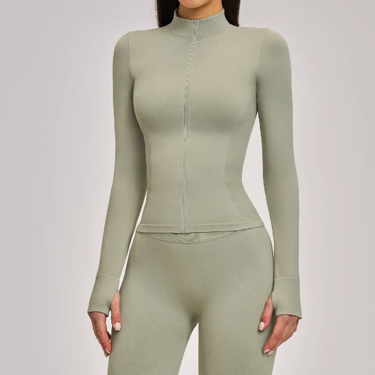 Women Zipper Yoga Long Sleeve Seamless Crop Tops Female Gym Jacket Yoga T-shirts Solid Sports Top Running Workout Athletic Wear