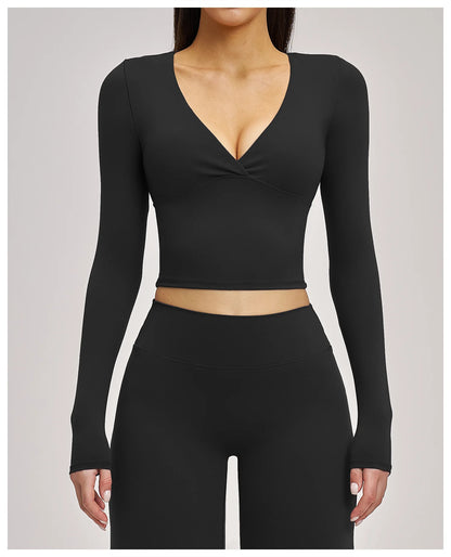 Women's Yoga T-Shirt Deep V Long Sleeve Sports Tops Gym Workout Shirts Breathable Fitness Yoga Top Female Running Push Up Shirts