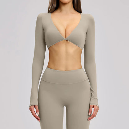 Women's Crop Tops Yoga T-shirts Solid Sports Top Long Sleeve Quick Dry Fitness Gym Sport Wear Running Shirts Sexy Exposed Navel