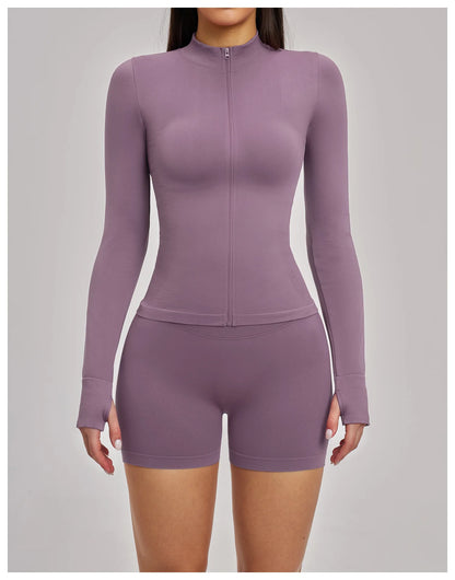 Women Zipper Yoga Long Sleeve Seamless Crop Tops Female Gym Jacket Yoga T-shirts Solid Sports Top Running Workout Athletic Wear