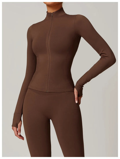 Women Zipper Yoga Long Sleeve Seamless Crop Tops Female Gym Jacket Yoga T-shirts Solid Sports Top Running Workout Athletic Wear