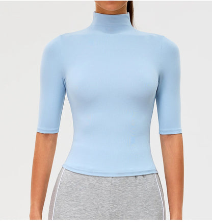 2026 New Edition Women's Sports Running Sweat Absorbing Skinny Yoga Clothes Quick Drying Clothes Short High Neck Sleeved T-shirt