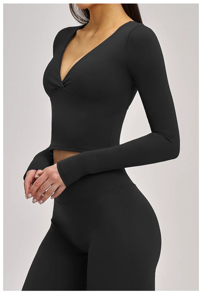 Women's Yoga T-Shirt Deep V Long Sleeve Sports Tops Gym Workout Shirts Breathable Fitness Yoga Top Female Running Push Up Shirts