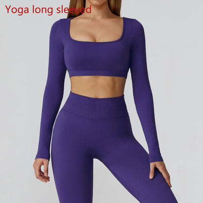 Women's Yoga Top Seamless Long Sleeved Sports Wear Workout Tops T-shirt Fitness Running Hollow out Backless Gym Woman SportShirt