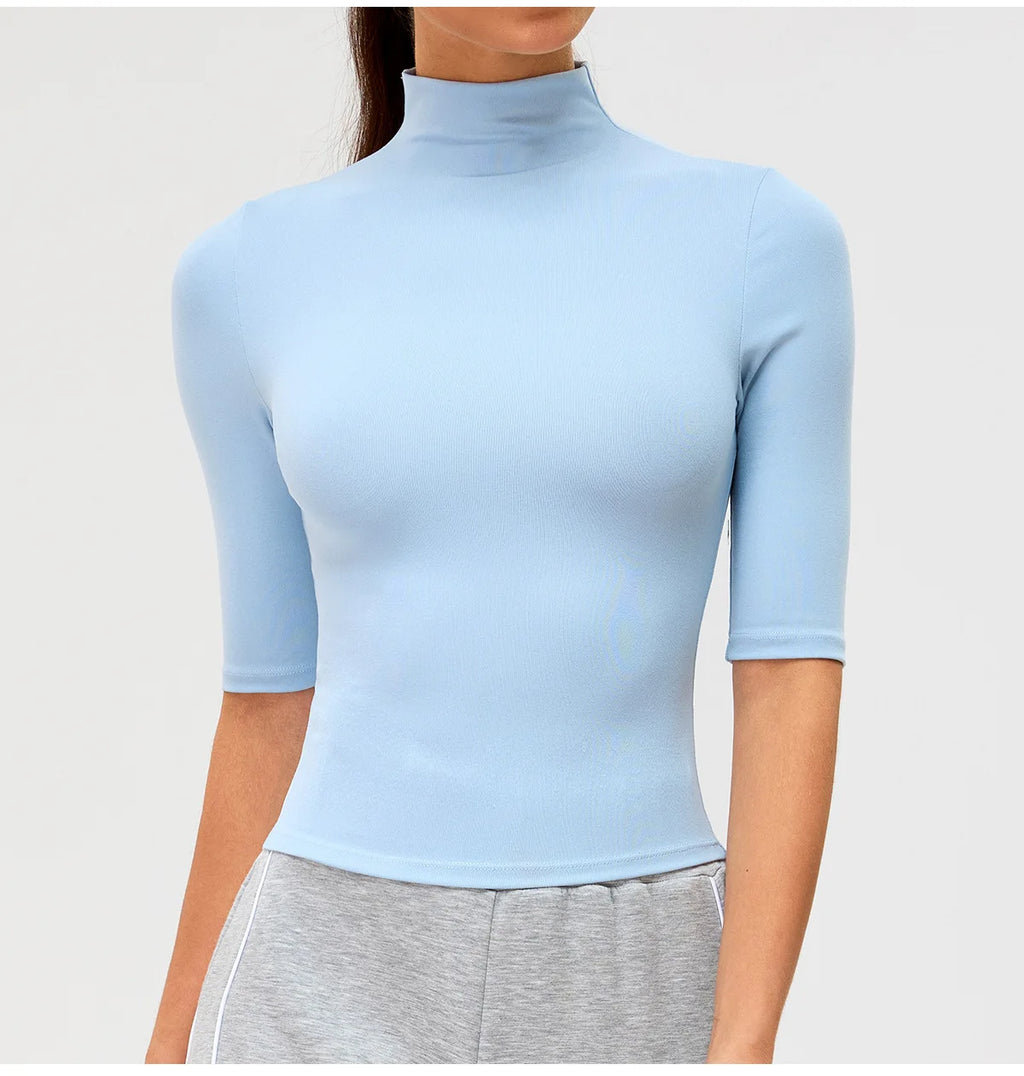 2026 New Edition Women's Sports Running Sweat Absorbing Skinny Yoga Clothes Quick Drying Clothes Short High Neck Sleeved T-shirt