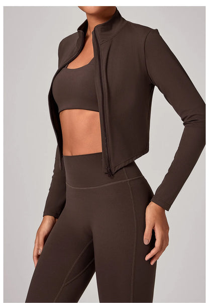 Sportswear Woman Gym Long Sleeved Women Slim Yoga Clothe Running Fitness Quick Dry Zipper Cardigan Stand Up Collar Sports Jacket