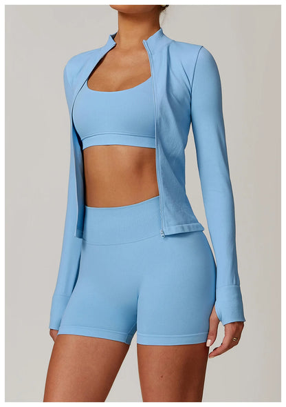 Women Zipper Yoga Long Sleeve Seamless Crop Tops Female Gym Jacket Yoga T-shirts Solid Sports Top Running Workout Athletic Wear