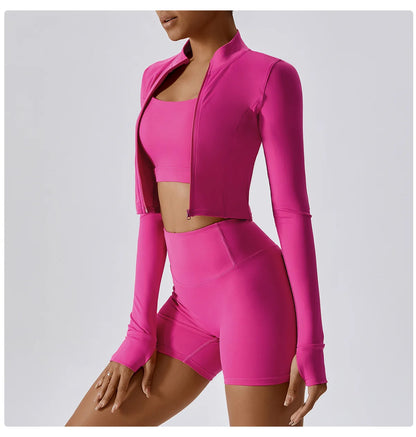 Zipper Cardigan Stand Up Collar Jacket Outdoor Sports Long Sleeved Women Slim Yoga Clothes Quick Dry Running Fitness Jacket Top