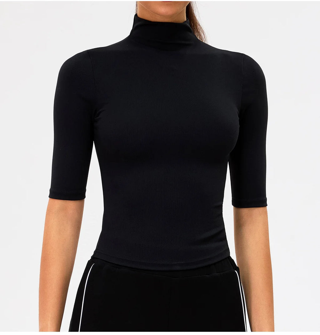 2026 New Edition Women's Sports Running Sweat Absorbing Skinny Yoga Clothes Quick Drying Clothes Short High Neck Sleeved T-shirt