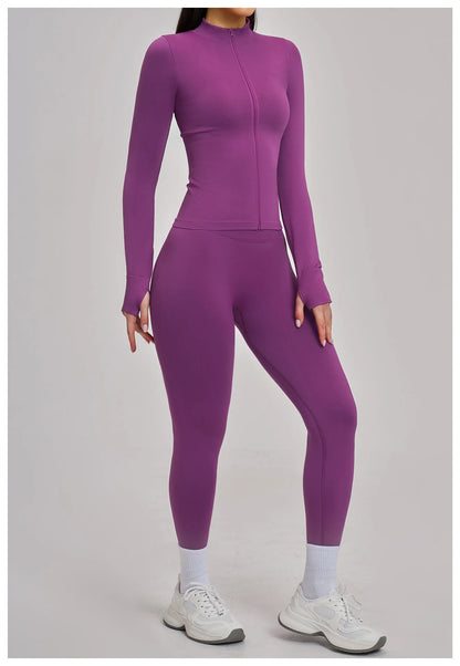 Women Zipper Yoga Long Sleeve Seamless Crop Tops Female Gym Jacket Yoga T-shirts Solid Sports Top Running Workout Athletic Wear