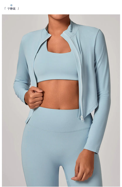 Sportswear Woman Gym Long Sleeved Women Slim Yoga Clothe Running Fitness Quick Dry Zipper Cardigan Stand Up Collar Sports Jacket