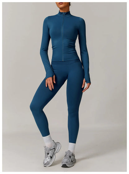 Women Zipper Yoga Long Sleeve Seamless Crop Tops Female Gym Jacket Yoga T-shirts Solid Sports Top Running Workout Athletic Wear