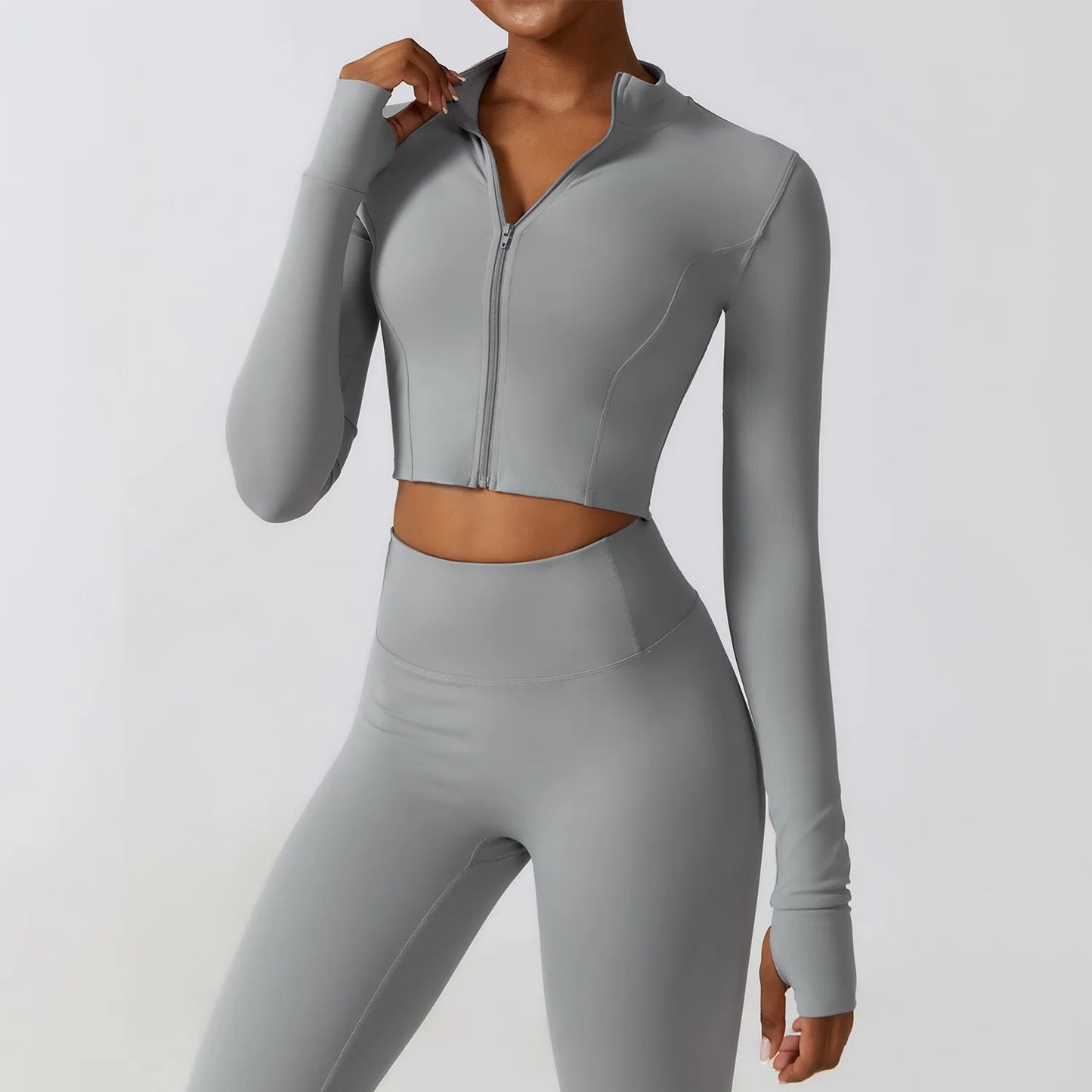 Zipper Cardigan Stand Up Collar Jacket Outdoor Sports Long Sleeved Women Slim Yoga Clothes Quick Dry Running Fitness Jacket Top