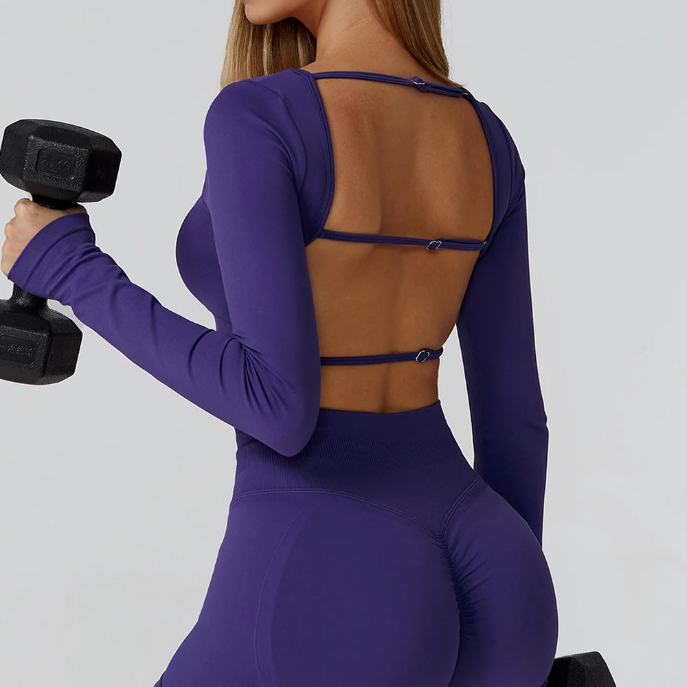 Women's Yoga Top Seamless Long Sleeved Sports Wear Workout Tops T-shirt Fitness Running Hollow out Backless Gym Woman SportShirt